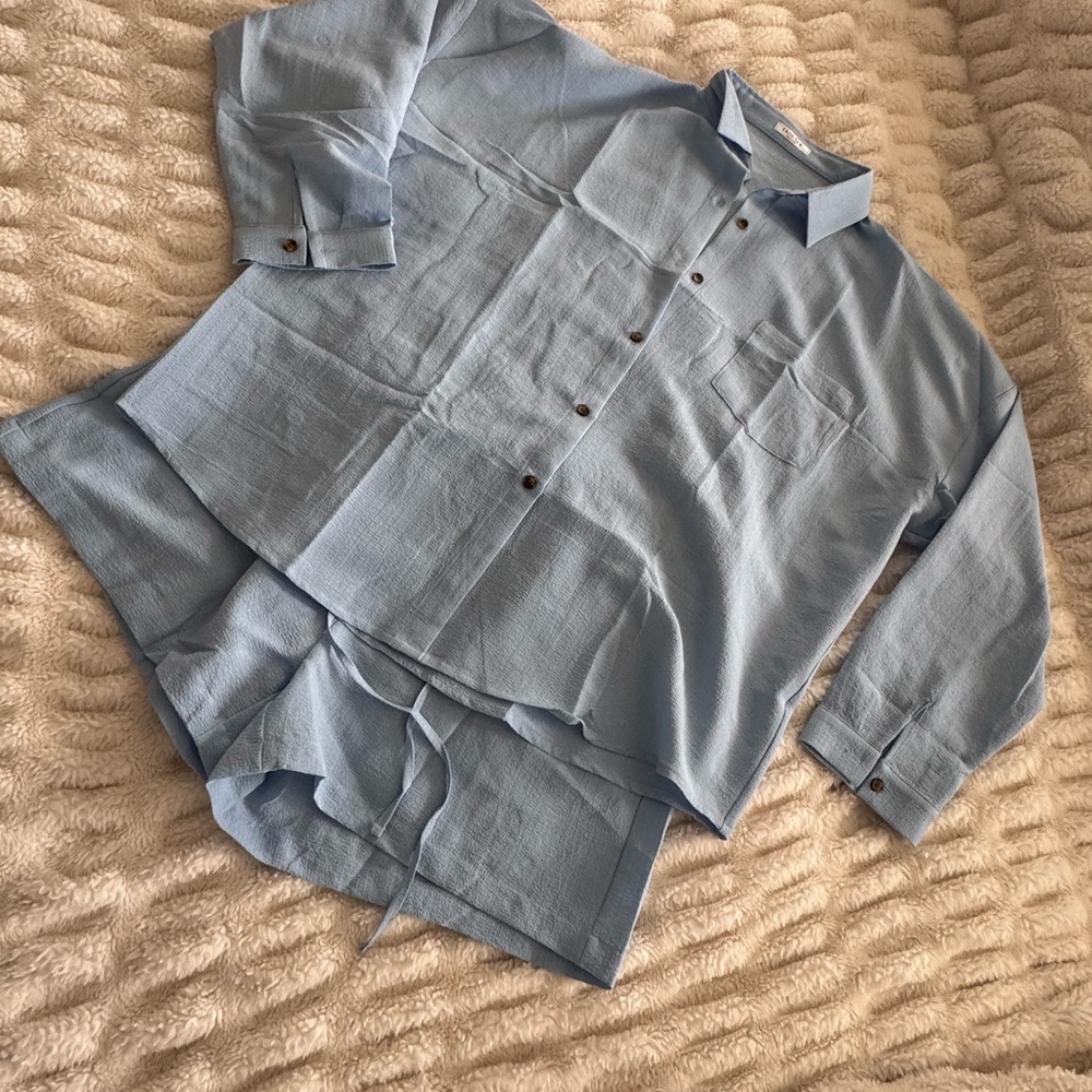 Ekouaer Blue 2-Piece Lounge Set Button Down Shirt & Shorts XL